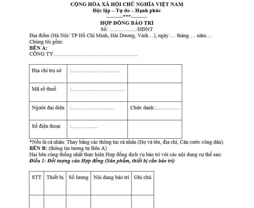 Mẫu hợp đồng bảo trì tòa nhà 