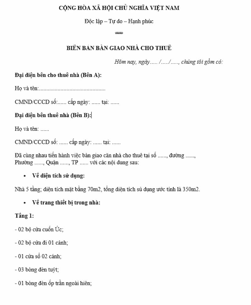 biên bản bàn giao nhà